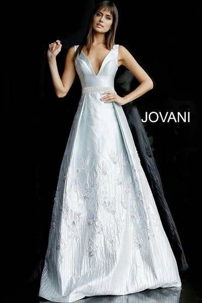 Silver A Line Sleeveless V Neck Evening Jovani Dress 62767 - Elbisny