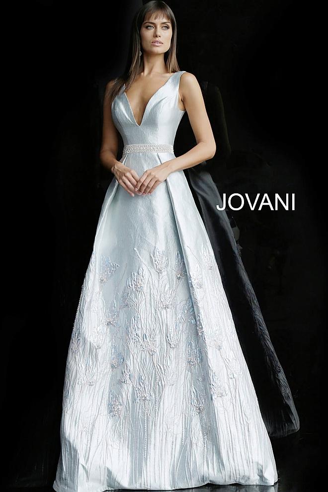 Silver A Line Sleeveless V Neck Evening Jovani Dress 62767 - Elbisny