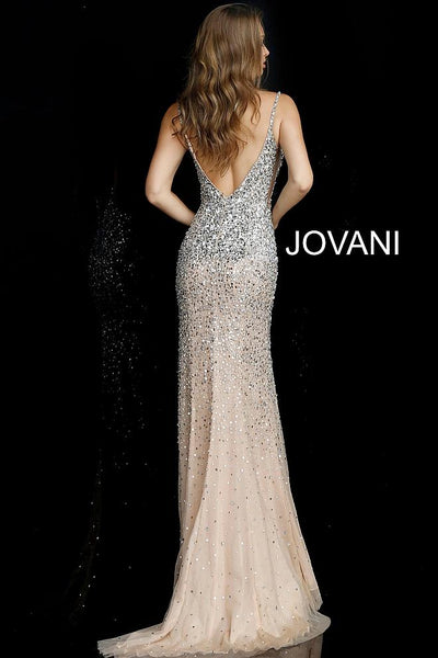 Silver Nude Plunging Neckline High Slit Evening Jovani Dress 57932 - Elbisny