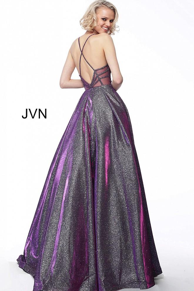 Sleeveless Metallic V Neck Evening Ballgown JVN65851 - Elbisny