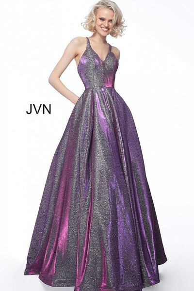 Sleeveless Metallic V Neck Evening Ballgown JVN65851 - Elbisny