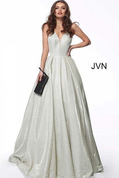 Sleeveless Metallic V Neck Evening Ballgown JVN65851 - Elbisny