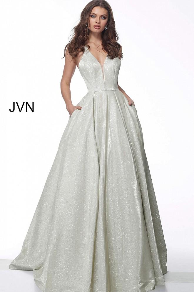 Sleeveless Metallic V Neck Evening Ballgown JVN65851 - Elbisny