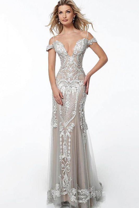 Taupe Off the Shoulder Plunging Neckline Evening Jovani Dress 60864 - Elbisny