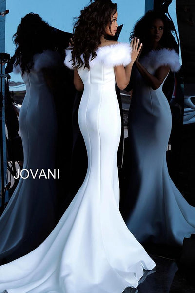 White Off the Shoulder Feather Neckline Evening Jovani Gown 63884 - Elbisny
