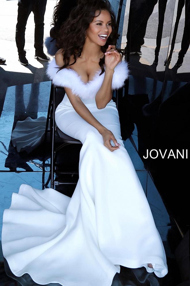 White Off the Shoulder Feather Neckline Evening Jovani Gown 63884 - Elbisny