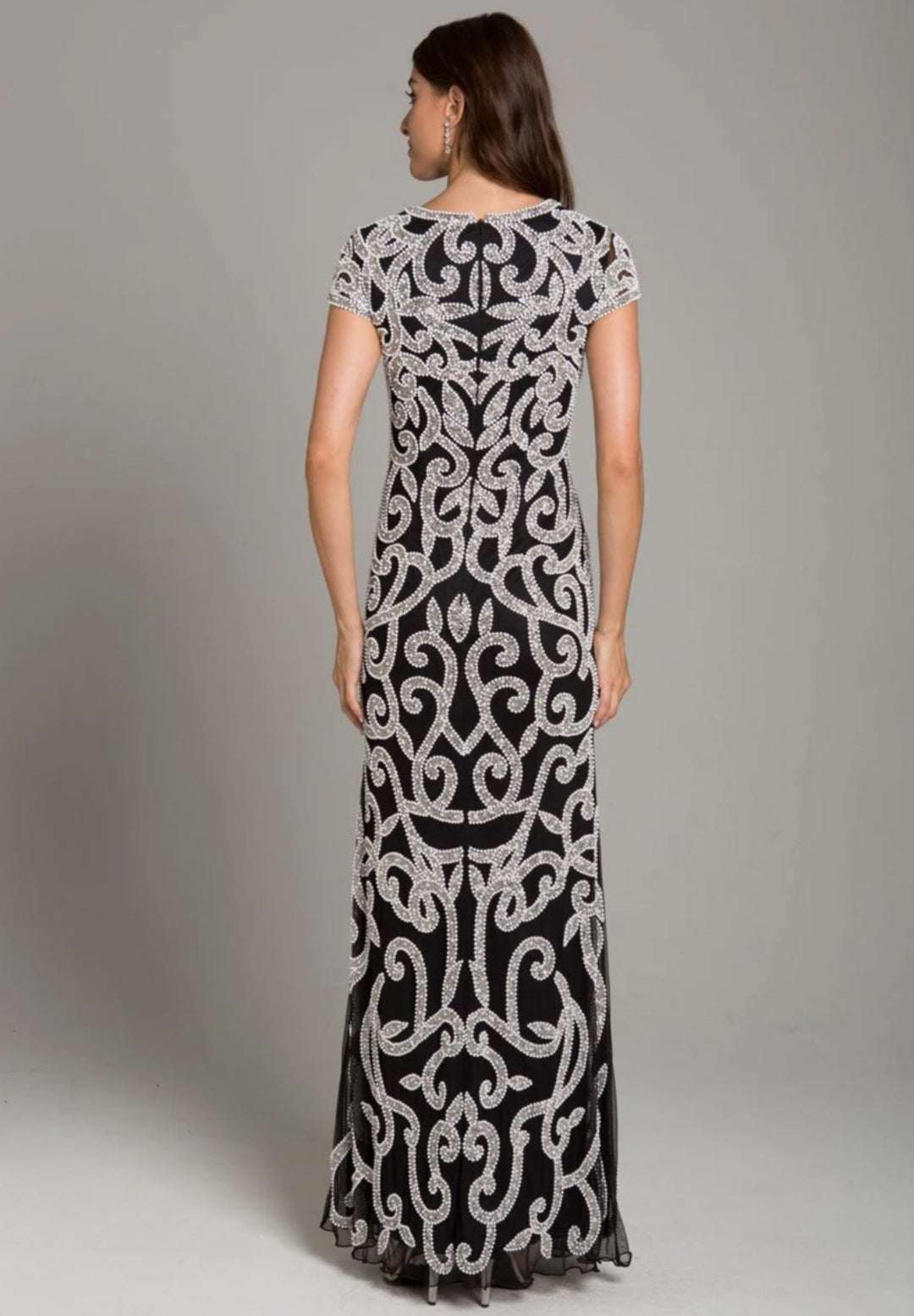 LARA 29901 - BLACK AND WHITE BEADED PATTERN LONG DRESS - Elbisny