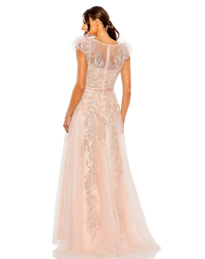 HIGH NECKLINE FEATHER DETAIL BEADED GOWN