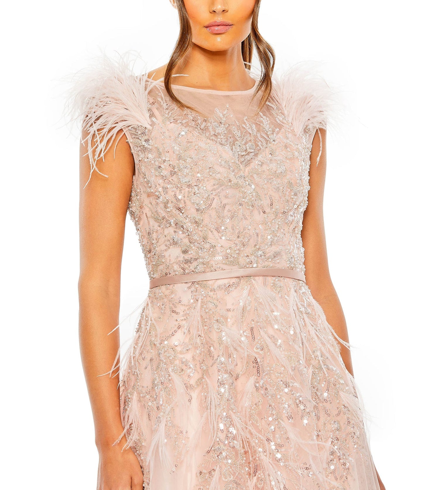 HIGH NECKLINE FEATHER DETAIL BEADED GOWN