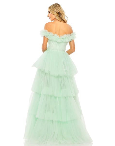 OFF-THE-SHOULDER HIGH-LOW TULLE GOWN