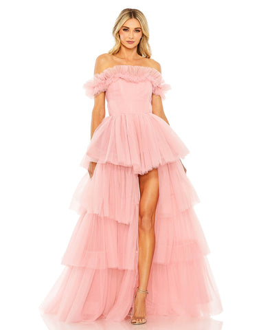 OFF-THE-SHOULDER HIGH-LOW TULLE GOWN