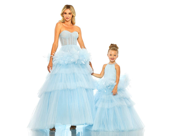 GIRLS HIGH NECK TULLE DRESS WITH FEATHER DETAIL