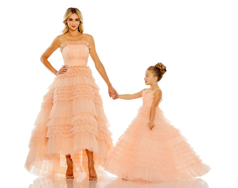 STRAPLESS TULLE RUFFLE GOWN