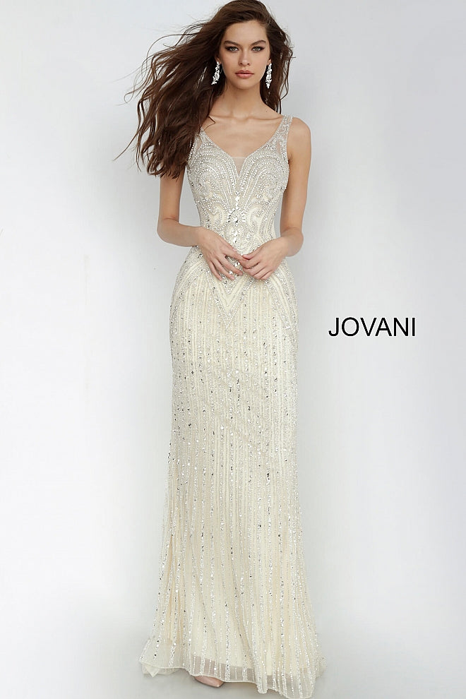 Champagne Fitted Embellished Sleeveless Jovani Dress 2468 - Elbisny