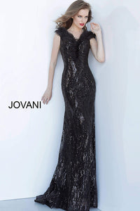 Black Off the Shoulder Feather Neckline Evening Jovani Dress 2925 - Elbisny
