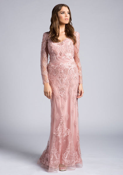Lara 33631 - Long Sleeve Lace Beaded Gown - Elbisny