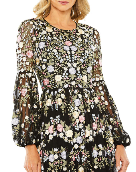 HIGH NECK FLORAL EMBROIDERED PUFF SLEEVE GOWN