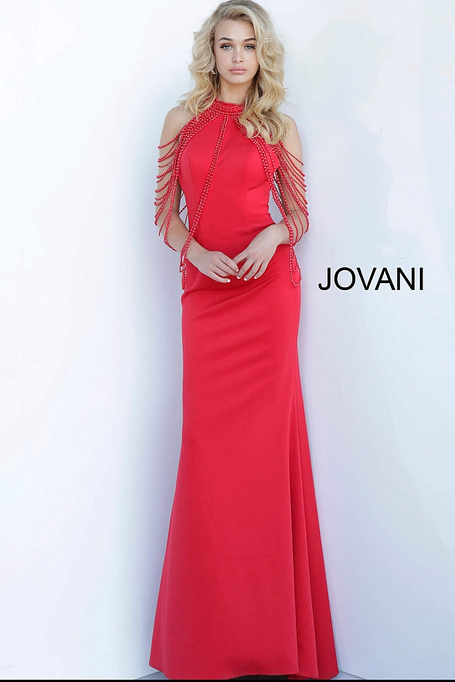 Red High Neckline Fitted Embellished Jovani Dress 3549 - Elbisny