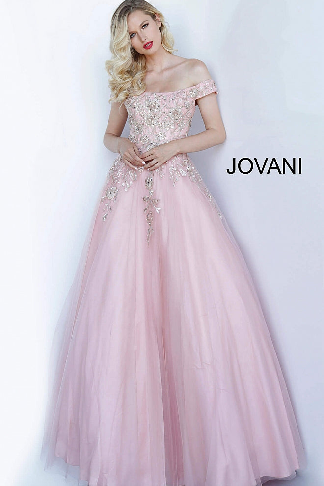 Blush Off the Shoulder Embroidered Evening Jovani Gown 3929 - Elbisny