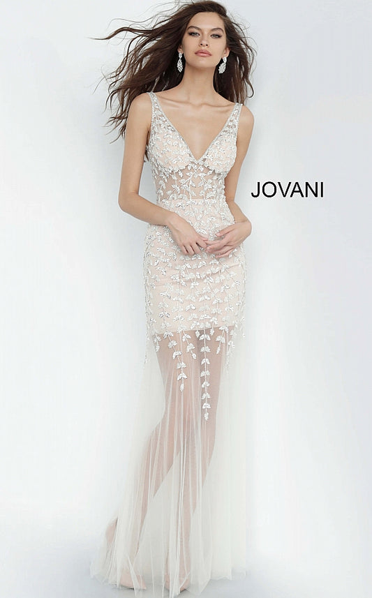 Off White Nude Beaded V Neck Prom Jovani Dress 3959 - Elbisny