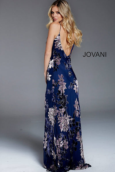 Navy Floral Spaghetti Straps Evening Jovani Dress 54505 - Elbisny