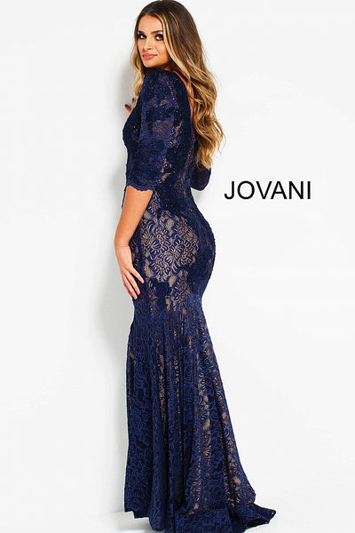 Navy V Neck Embroidered Lace Evening Jovani Dress 54835 - Elbisny