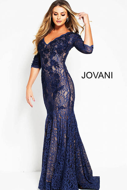 Navy V Neck Embroidered Lace Evening Jovani Dress 54835 - Elbisny