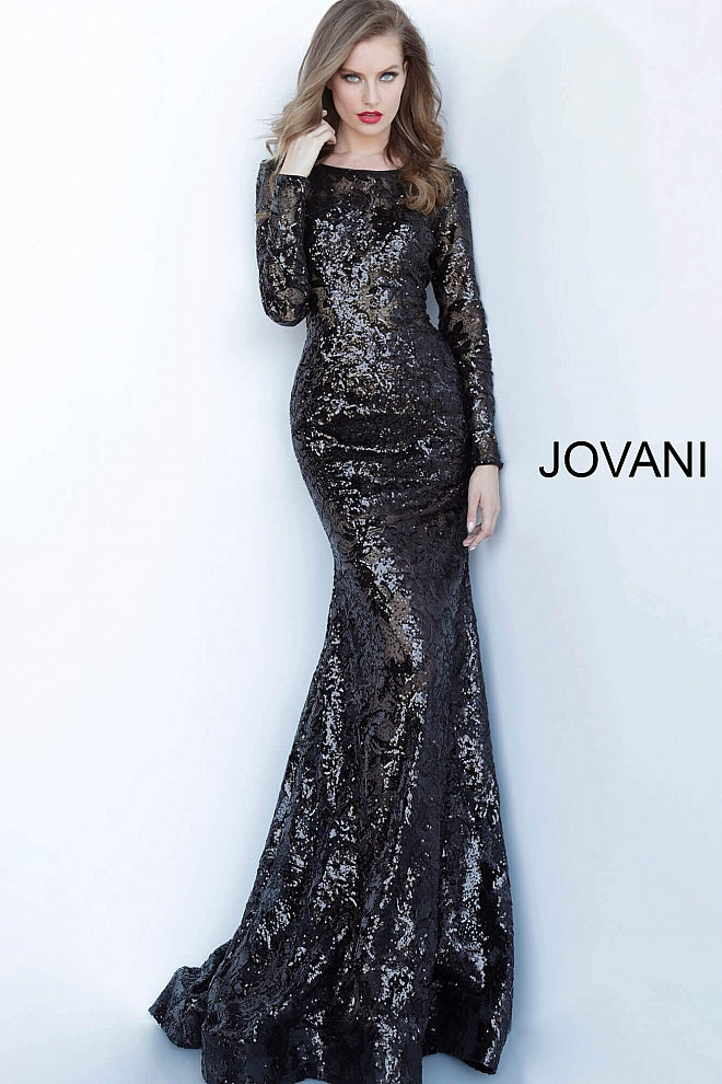 Black Long Sleeve Embellished Evening Jovani Dress 55535 - Elbisny
