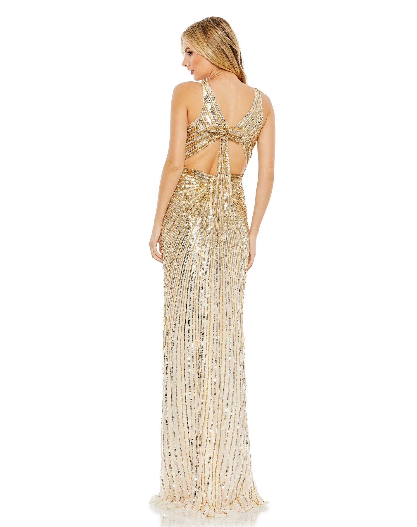 Mac Duggal - Gold Sequined Faux Wrap Sleeveless Gown - US 8 Mac Duggal - Gold Sequined Faux Wrap Sleeveless Gown - US 8