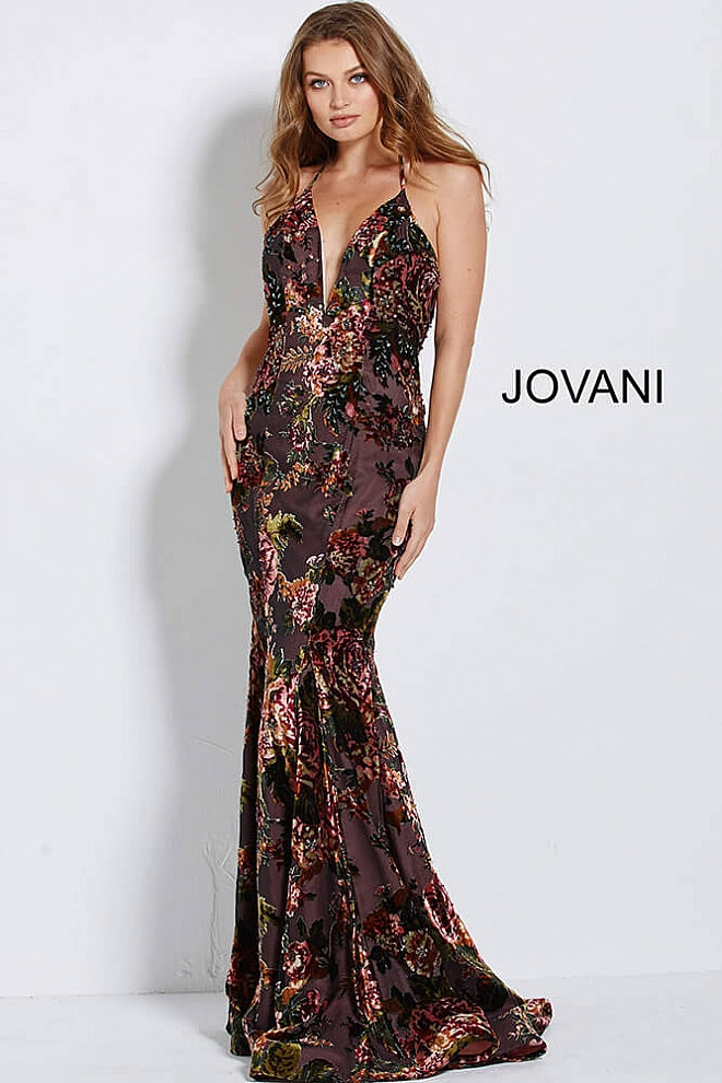 Multi Color Plunging Halter Neck Floral Evening Jovani Dress 58560 - Elbisny