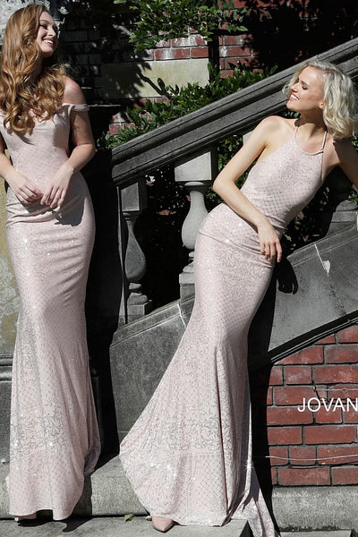 Blush Lace Up Back Jersey Prom Dress JVN60137 - Elbisny