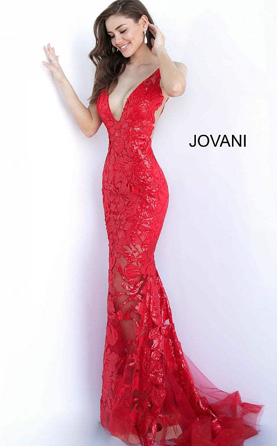 Red Plunging Neckline Prom Jovani Dress 60283 - Elbisny