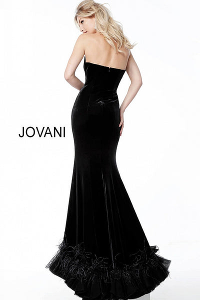Black Velvet Plunging Neck Feather Bottom Evening Jovani Dress 60512 - Elbisny