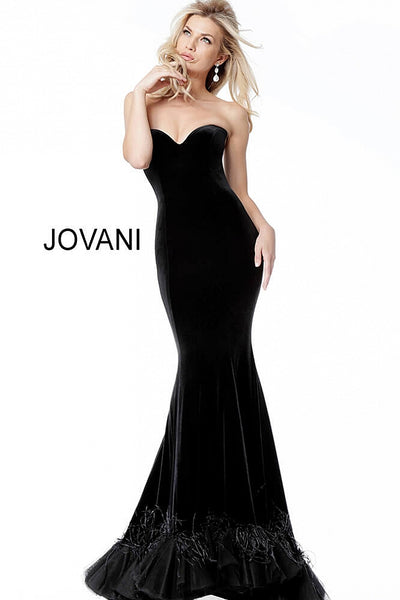 Black Velvet Plunging Neck Feather Bottom Evening Jovani Dress 60512 - Elbisny