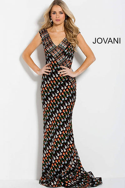 Multi Color Fitted V Neck Contemporary Long Jovani Dress 62071 - Elbisny