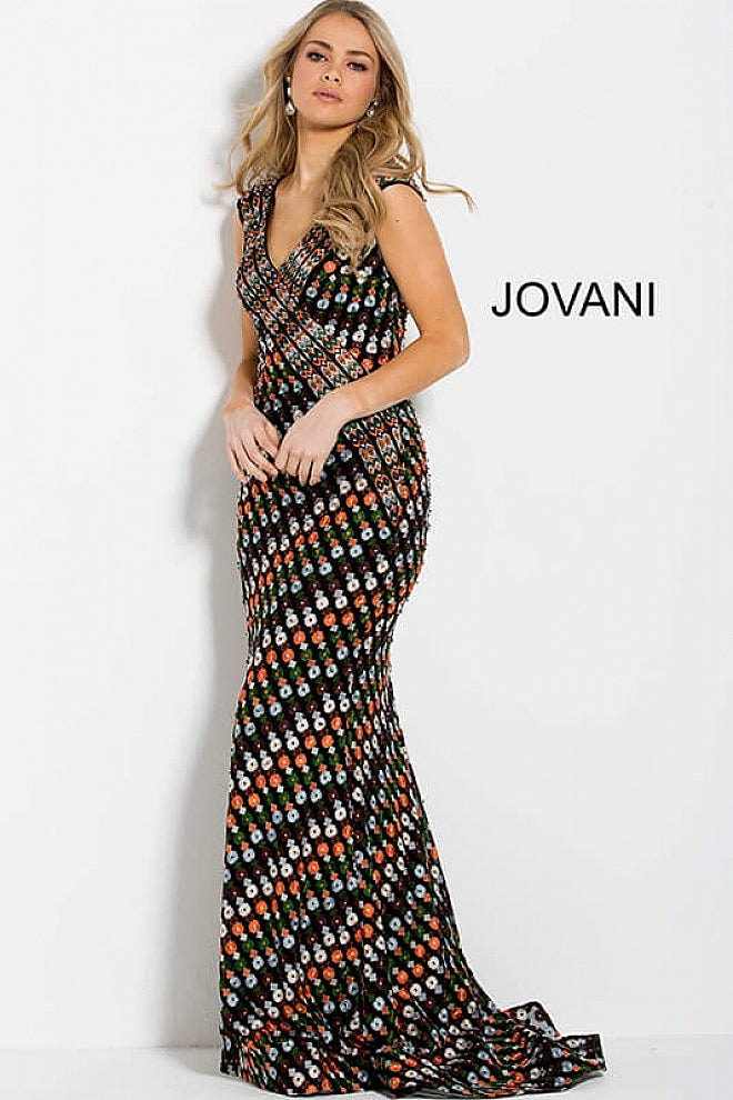 Multi Color Fitted V Neck Contemporary Long Jovani Dress 62071 - Elbisny