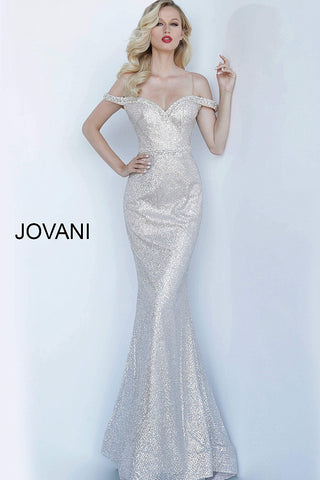 Silver Nude Off the Shoulder Embellished Prom Jovani Dress 62300 - Elbisny