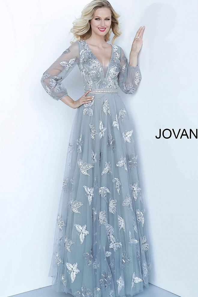 Grey Embroidered Long Sleeve Jovani Evening Dress 64078 - Elbisny