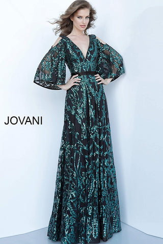 Black Emerald Embellished V Neck Evening Jovani Dress 64550 - Elbisny