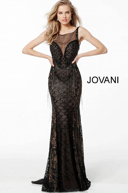 Black Embellished Sheer Neckline Evening Jovani Dress 66000 - Elbisny