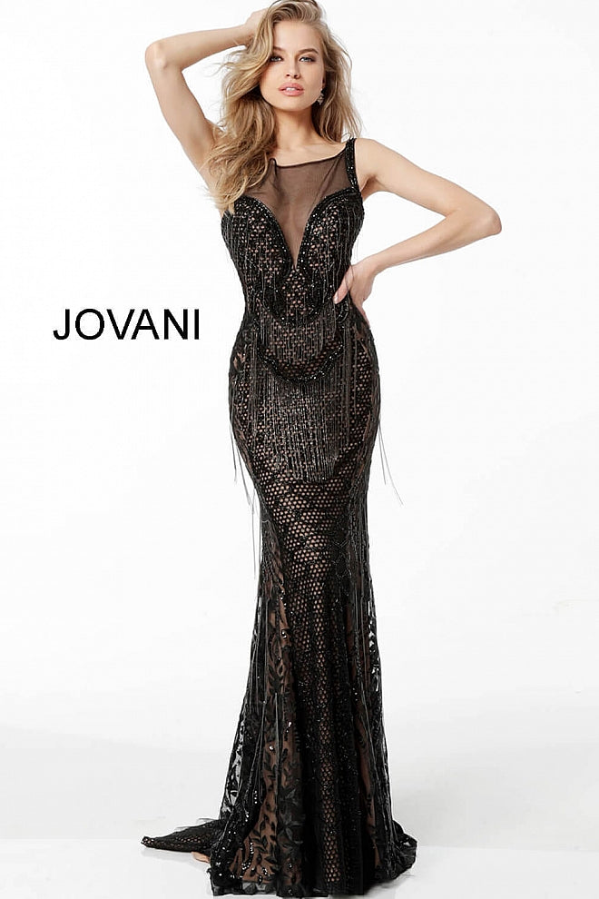 Black Embellished Sheer Neckline Evening Jovani Dress 66000 - Elbisny