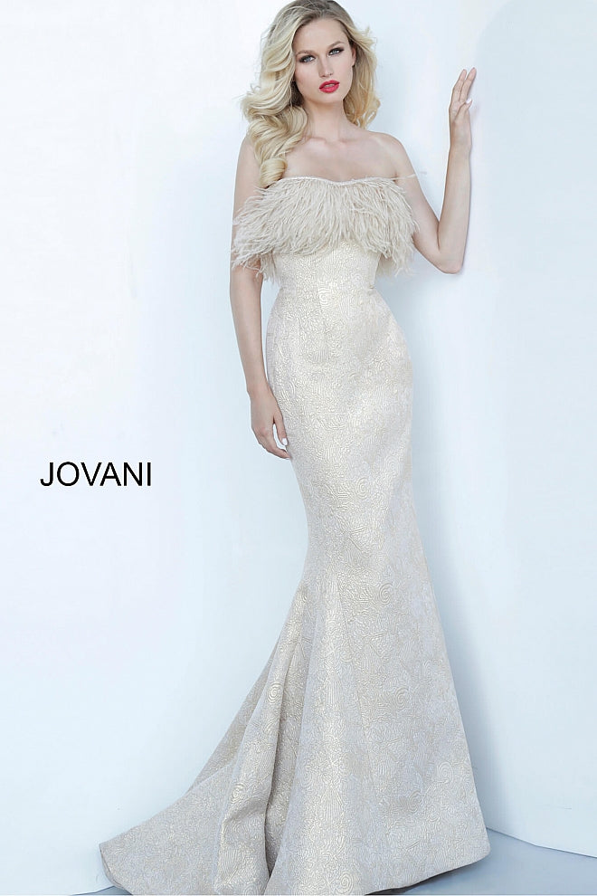 Gold Strapless Feather Neckline Evening Jovani Gown 66240 - Elbisny