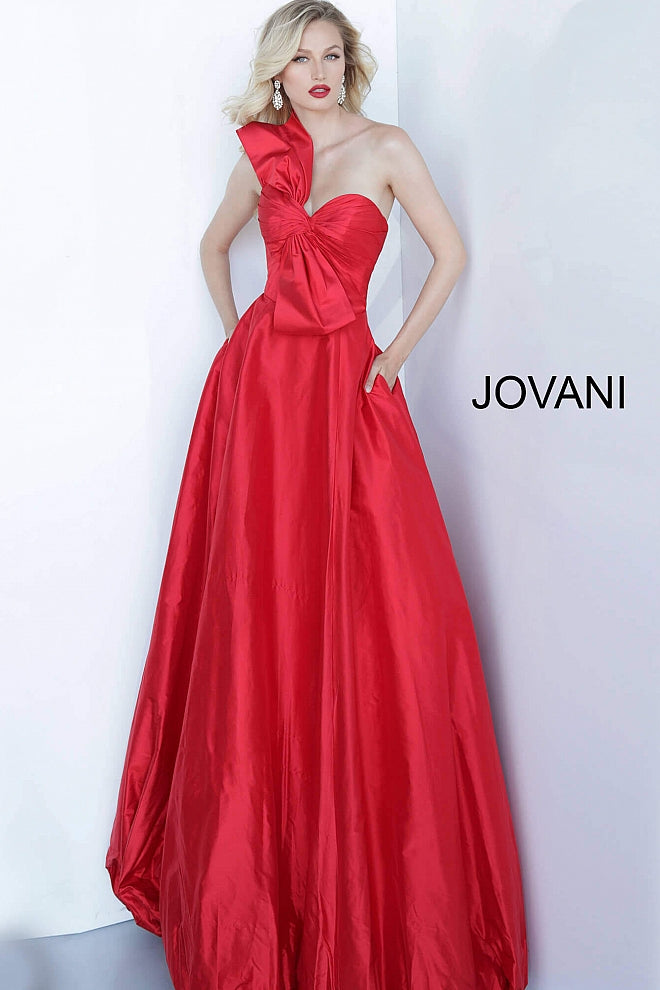 Red Strapless Pleated Bodice Evening Jovani Ballgown 66320 - Elbisny
