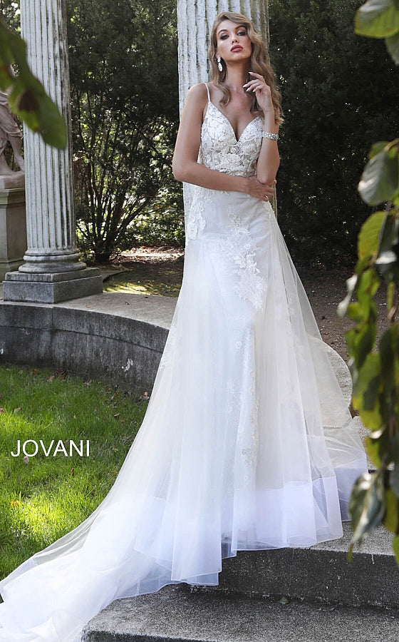 White Spaghetti Straps Long Train Wedding Gown JB65930 - Elbisny