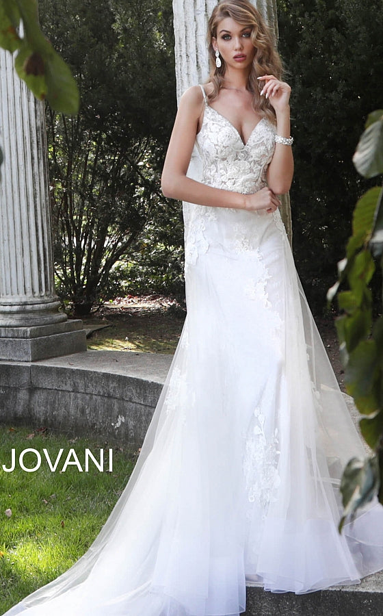 White Spaghetti Straps Long Train Wedding Gown JB65930 - Elbisny