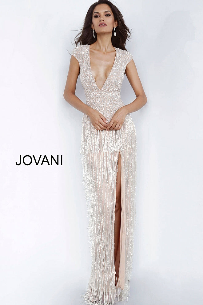 Nude High Slit Fringe Skirt Evening Jovani Dress 68792 - Elbisny