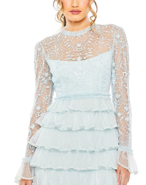 EMBROIDERED LONG SLEEVE RUFFLED TIERED DRESS