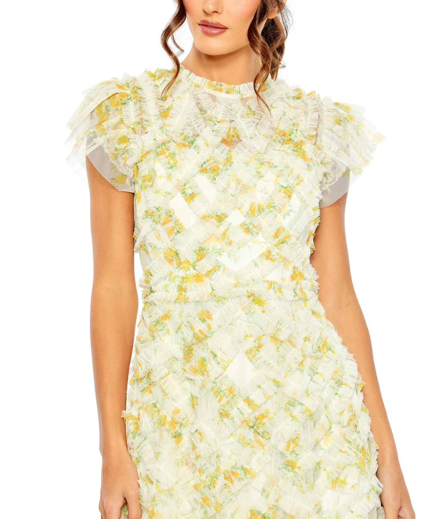 HIGH NECK RUFFLE CAP SLEEVE FLORAL DRESS