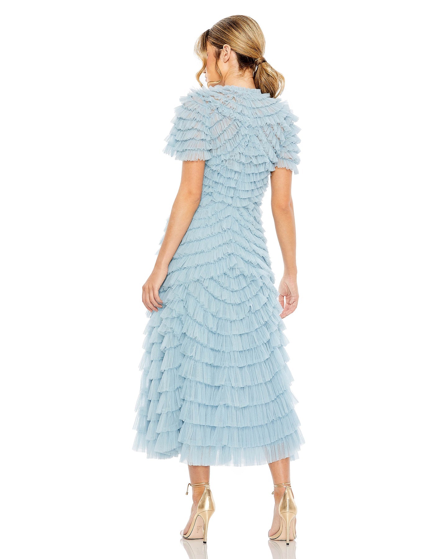 HIGH NECK SHORT SLEEVE TIERED RUFFLE A LINE DRESS