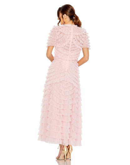 HIGH NECK SHORT SLEEVE TIERED RUFFLE A LINE DRESS